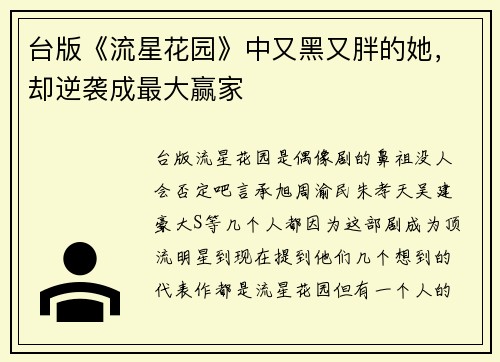 台版《流星花园》中又黑又胖的她，却逆袭成最大赢家