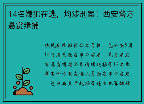 14名嫌犯在逃，均涉刑案！西安警方悬赏缉捕