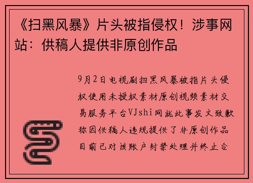 《扫黑风暴》片头被指侵权！涉事网站：供稿人提供非原创作品