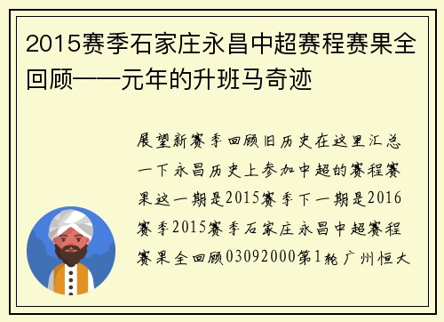 2015赛季石家庄永昌中超赛程赛果全回顾——元年的升班马奇迹