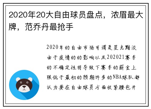 2020年20大自由球员盘点，浓眉最大牌，范乔丹最抢手